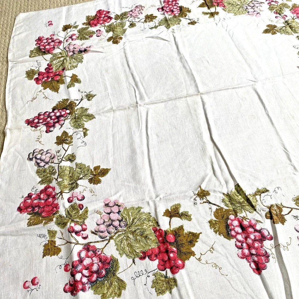 Square tablecloth printed cotton blend pink red grapes greenery vine border FLAW
